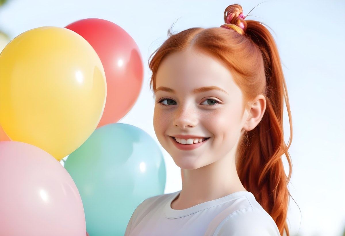 A Young Smiling Redheaded Girl With Pigtails Holding Colorful Balloons In A Sunny Park 3 2e24
