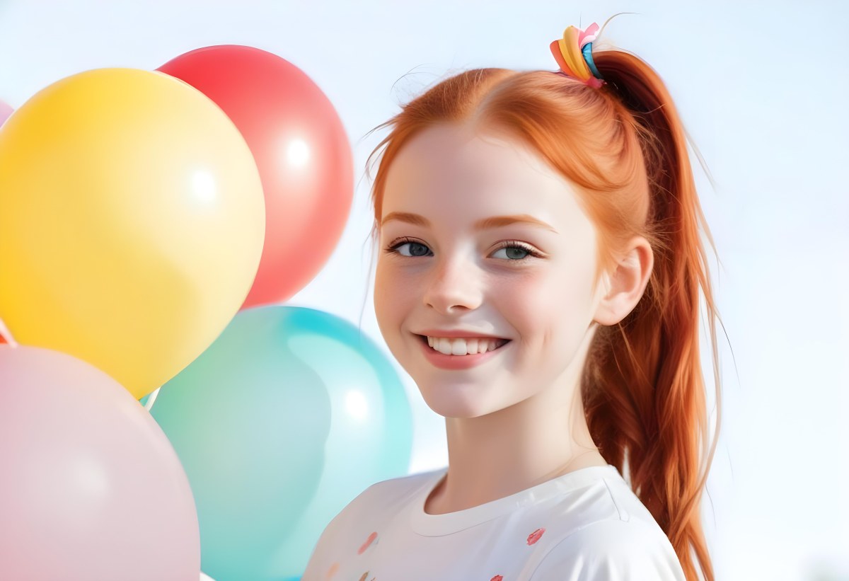 A Young Smiling Redheaded Girl With Pigtails Holding Colorful Balloons In A Sunny Park 5 A990