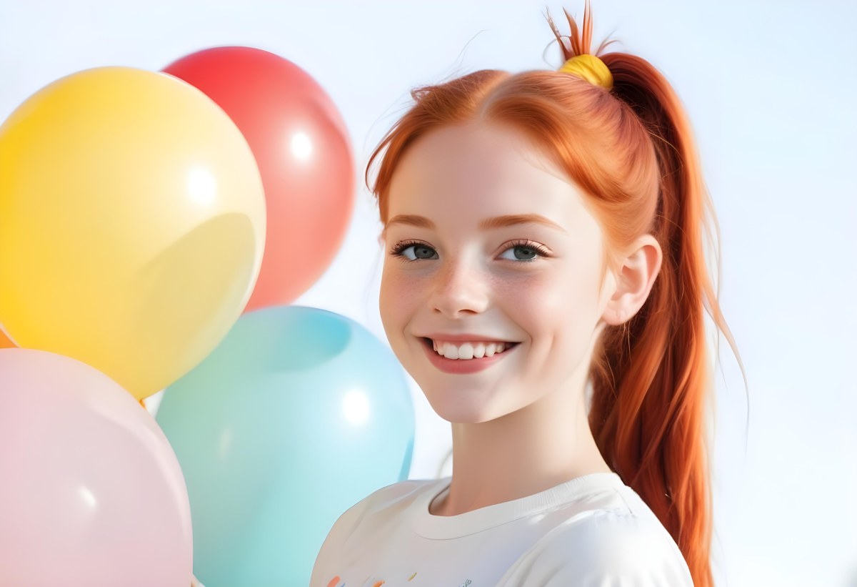 A Young Smiling Redheaded Girl With Pigtails Holding Colorful Balloons In A Sunny Park 6 79fc