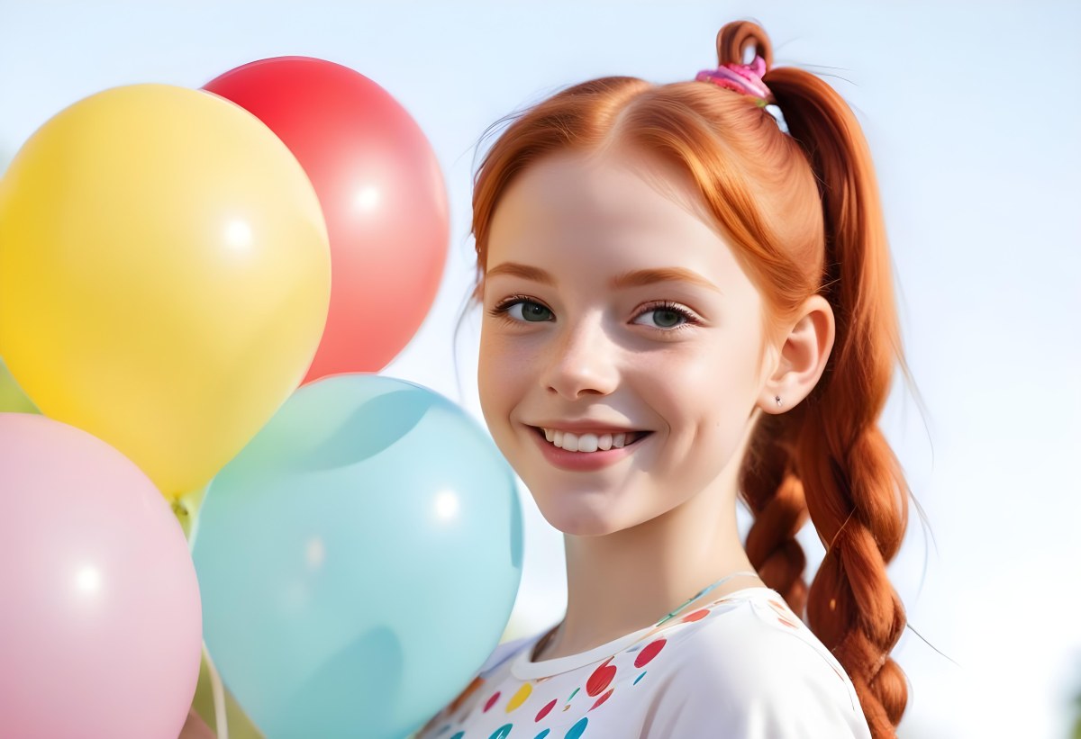 A Young Smiling Redheaded Girl With Pigtails Holding Colorful Balloons In A Sunny Park 7 3090