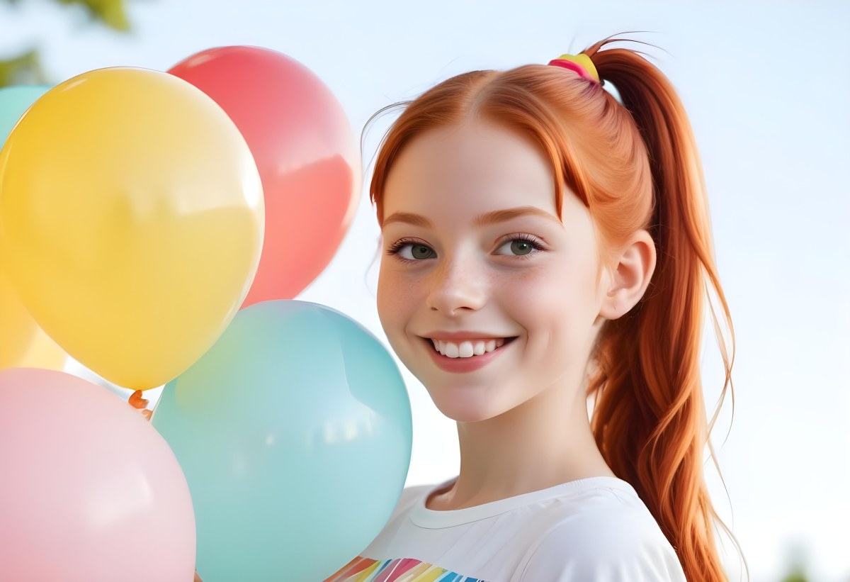 A Young Smiling Redheaded Girl With Pigtails Holding Colorful Balloons In A Sunny Park 9 4847