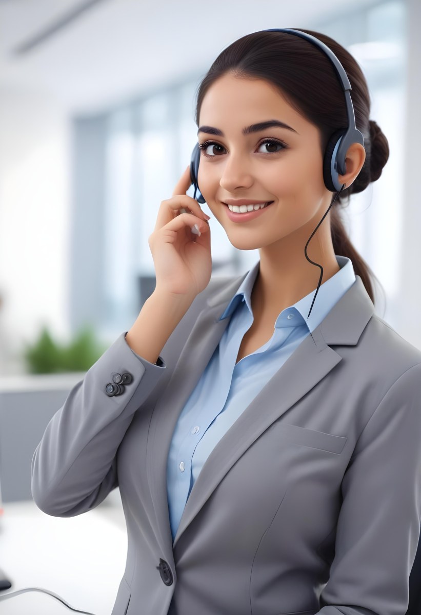 A Young Woman Of Middle Eastern Descent Approximately 25 Years Old With Long Dark Hair Styled In A Bun Wearing A Gray Business Suit And A Light Blue Shirt She Is Smiling And Holding A Headset To Her Ear Appearing E 14 De15