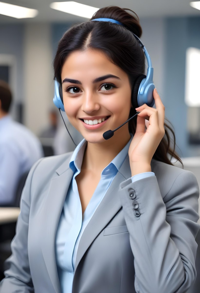 A Young Woman Of Middle Eastern Descent Approximately 25 Years Old With Long Dark Hair Styled In A Bun Wearing A Gray Business Suit And A Light Blue Shirt She Is Smiling And Holding A Headset To Her Ear Appearing E 15 Cb23
