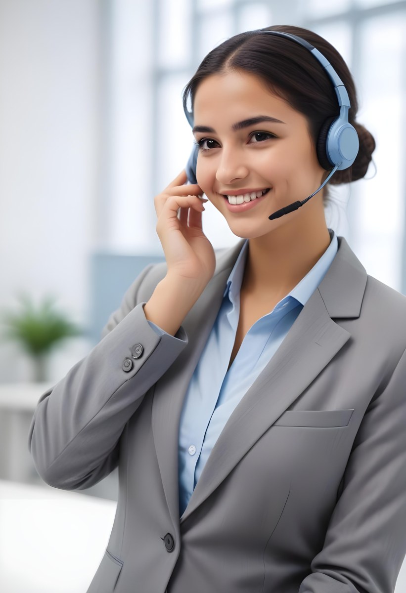 A Young Woman Of Middle Eastern Descent Approximately 25 Years Old With Long Dark Hair Styled In A Bun Wearing A Gray Business Suit And A Light Blue Shirt She Is Smiling And Holding A Headset To Her Ear Appearing E 18 C415