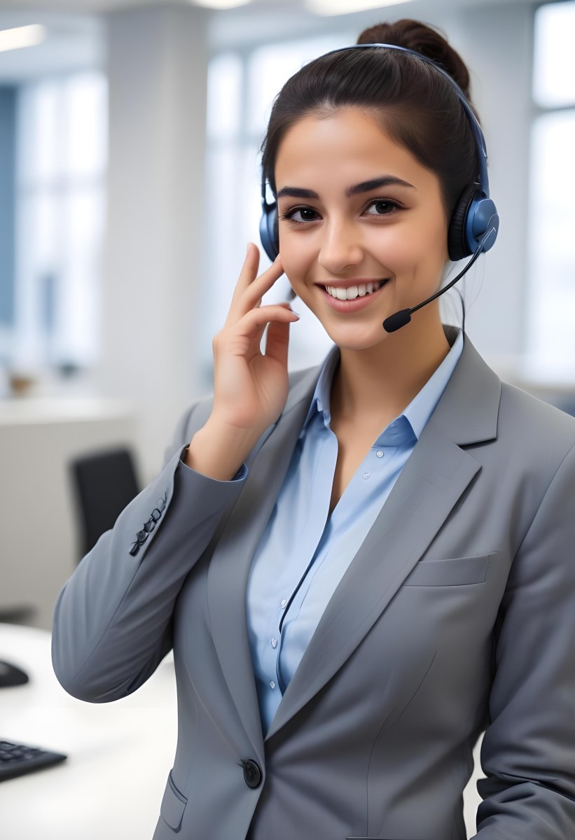 A Young Woman Of Middle Eastern Descent Approximately 25 Years Old With Long Dark Hair Styled In A Bun Wearing A Gray Business Suit And A Light Blue Shirt She Is Smiling And Holding A Headset To Her Ear Appearing E 22 59ac