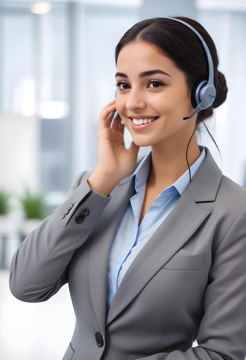 A Young Woman Of Middle Eastern Descent Approximately 25 Years Old With Long Dark Hair Styled In A Bun Wearing A Gray Business Suit And A Light Blue Shirt She Is Smiling And Holding A Headset To Her Ear Appearing E 26 C912