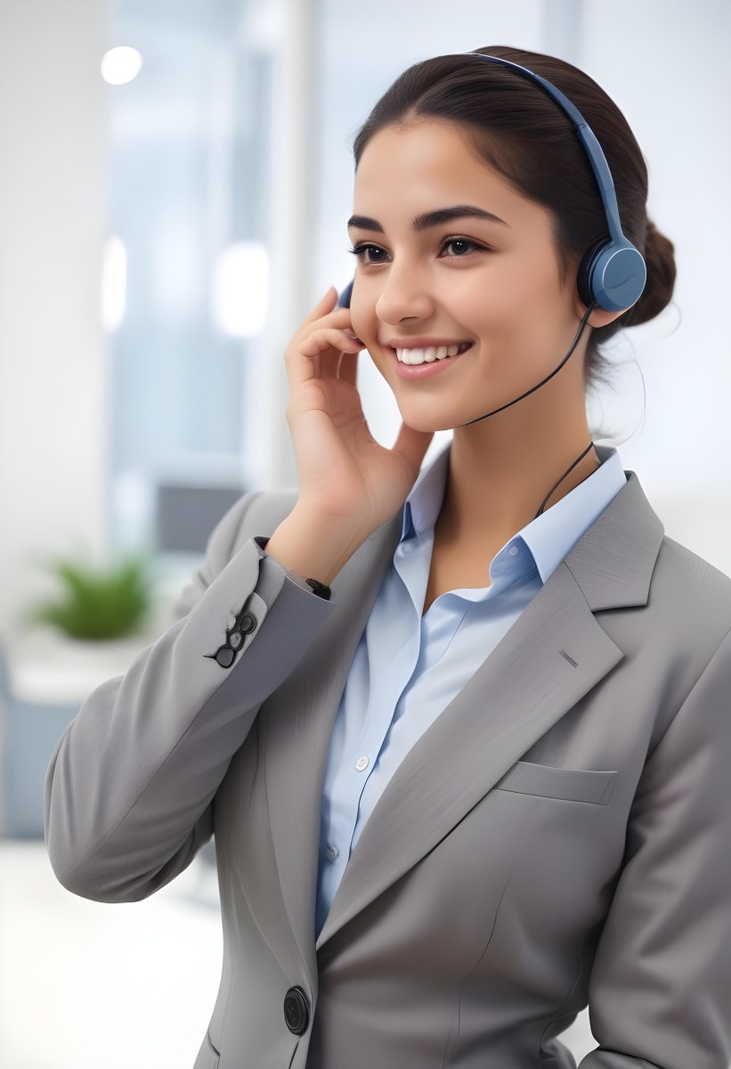 A Young Woman Of Middle Eastern Descent Approximately 25 Years Old With Long Dark Hair Styled In A Bun Wearing A Gray Business Suit And A Light Blue Shirt She Is Smiling And Holding A Headset To Her Ear Appearing E 27 8236