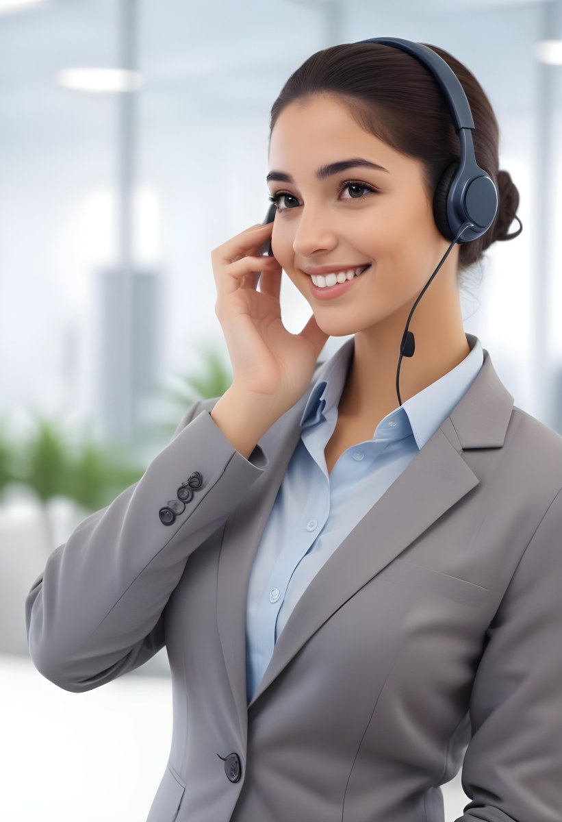 A Young Woman Of Middle Eastern Descent Approximately 25 Years Old With Long Dark Hair Styled In A Bun Wearing A Gray Business Suit And A Light Blue Shirt She Is Smiling And Holding A Headset To Her Ear Appearing E 3 39bf