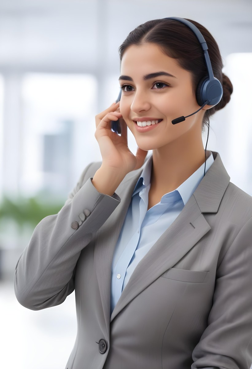 A Young Woman Of Middle Eastern Descent Approximately 25 Years Old With Long Dark Hair Styled In A Bun Wearing A Gray Business Suit And A Light Blue Shirt She Is Smiling And Holding A Headset To Her Ear Appearing E 30 B1c6
