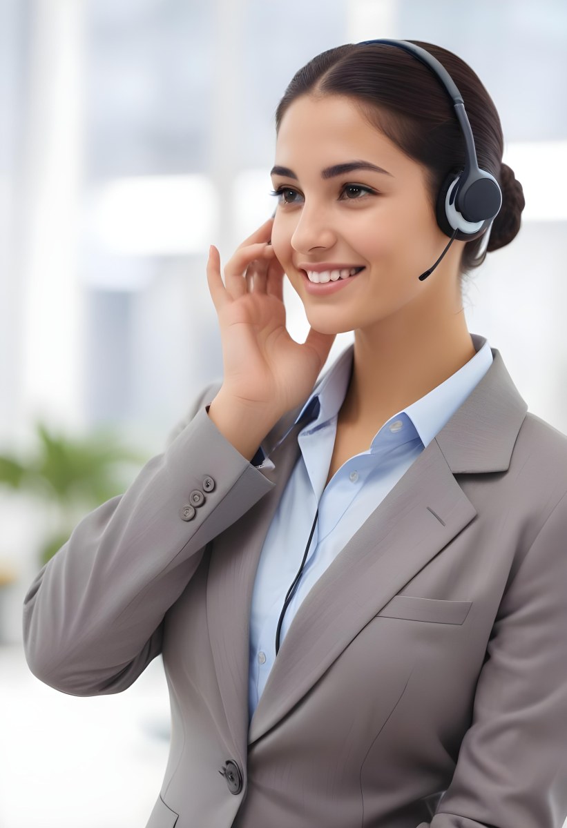 A Young Woman Of Middle Eastern Descent Approximately 25 Years Old With Long Dark Hair Styled In A Bun Wearing A Gray Business Suit And A Light Blue Shirt She Is Smiling And Holding A Headset To Her Ear Appearing E 31 8161