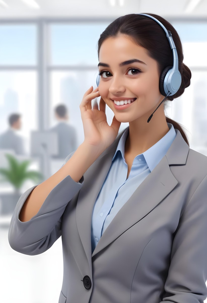 A Young Woman Of Middle Eastern Descent Approximately 25 Years Old With Long Dark Hair Styled In A Bun Wearing A Gray Business Suit And A Light Blue Shirt She Is Smiling And Holding A Headset To Her Ear Appearing E 4 Fb2c