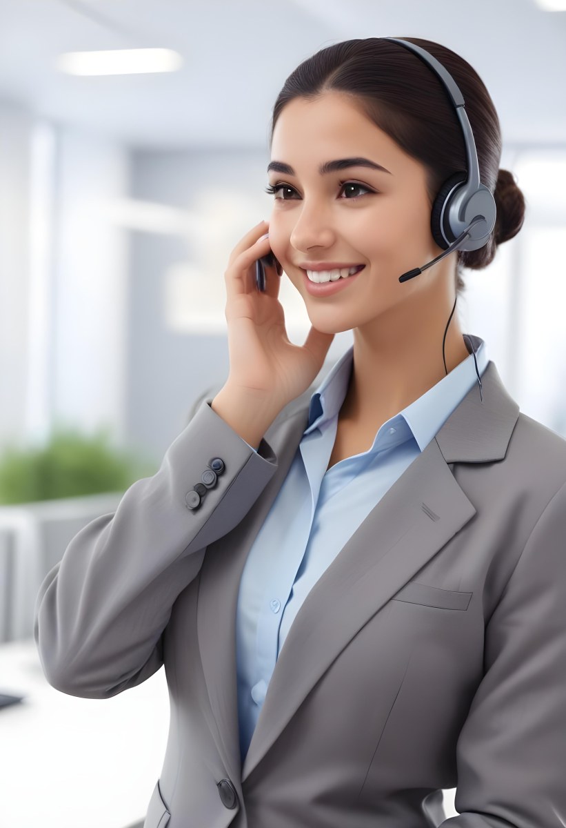 A Young Woman Of Middle Eastern Descent Approximately 25 Years Old With Long Dark Hair Styled In A Bun Wearing A Gray Business Suit And A Light Blue Shirt She Is Smiling And Holding A Headset To Her Ear Appearing E 6 856e