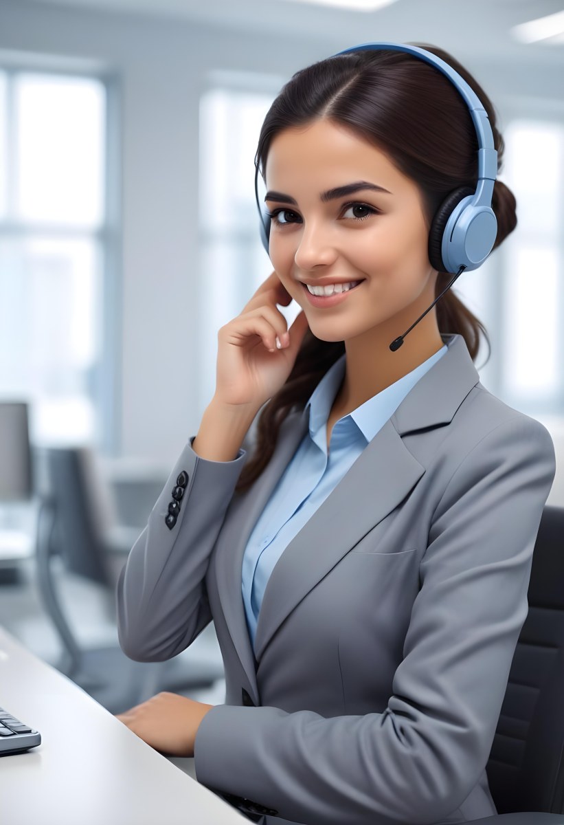 A Young Woman Of Middle Eastern Descent Approximately 25 Years Old With Long Dark Hair Styled In A Bun Wearing A Gray Business Suit And A Light Blue Shirt She Is Smiling And Holding A Headset To Her Ear Appearing E 7 Aa4f