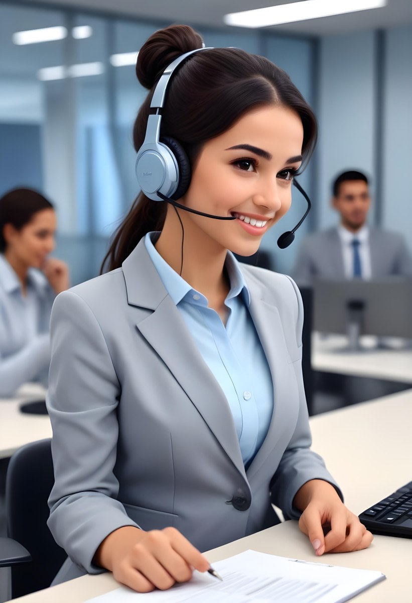 A Young Woman Of Middle Eastern Descent Approximately 25 Years Old With Long Dark Hair Styled In A Bun Wearing A Gray Business Suit And A Light Blue Shirt She Is Smiling And Holding A Headset To Her Ear Appearing E 8 E107