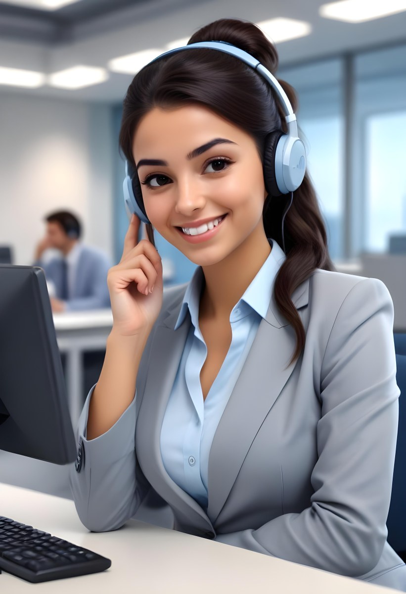 A Young Woman Of Middle Eastern Descent Approximately 25 Years Old With Long Dark Hair Styled In A Bun Wearing A Gray Business Suit And A Light Blue Shirt She Is Smiling And Holding A Headset To Her Ear Appearing E 9 D69f
