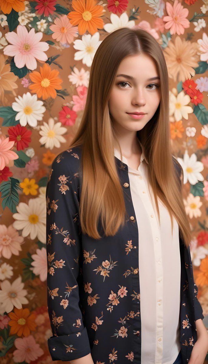 A Young Woman With Long Straight Light Brown Hair Standing In Front Of A Floral Background 5 76df