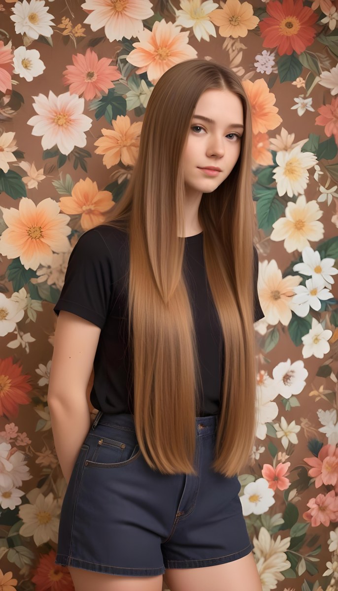 A Young Woman With Long Straight Light Brown Hair Standing In Front Of A Floral Background 6 553f