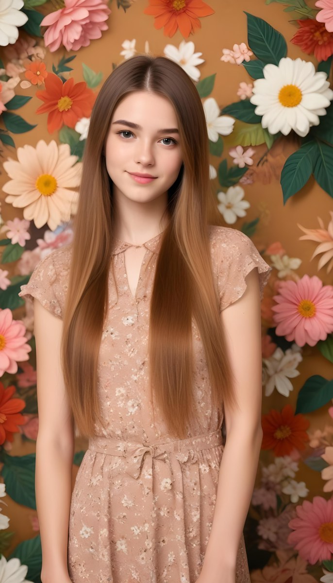 A Young Woman With Long Straight Light Brown Hair Standing In Front Of A Floral Background 7 864f