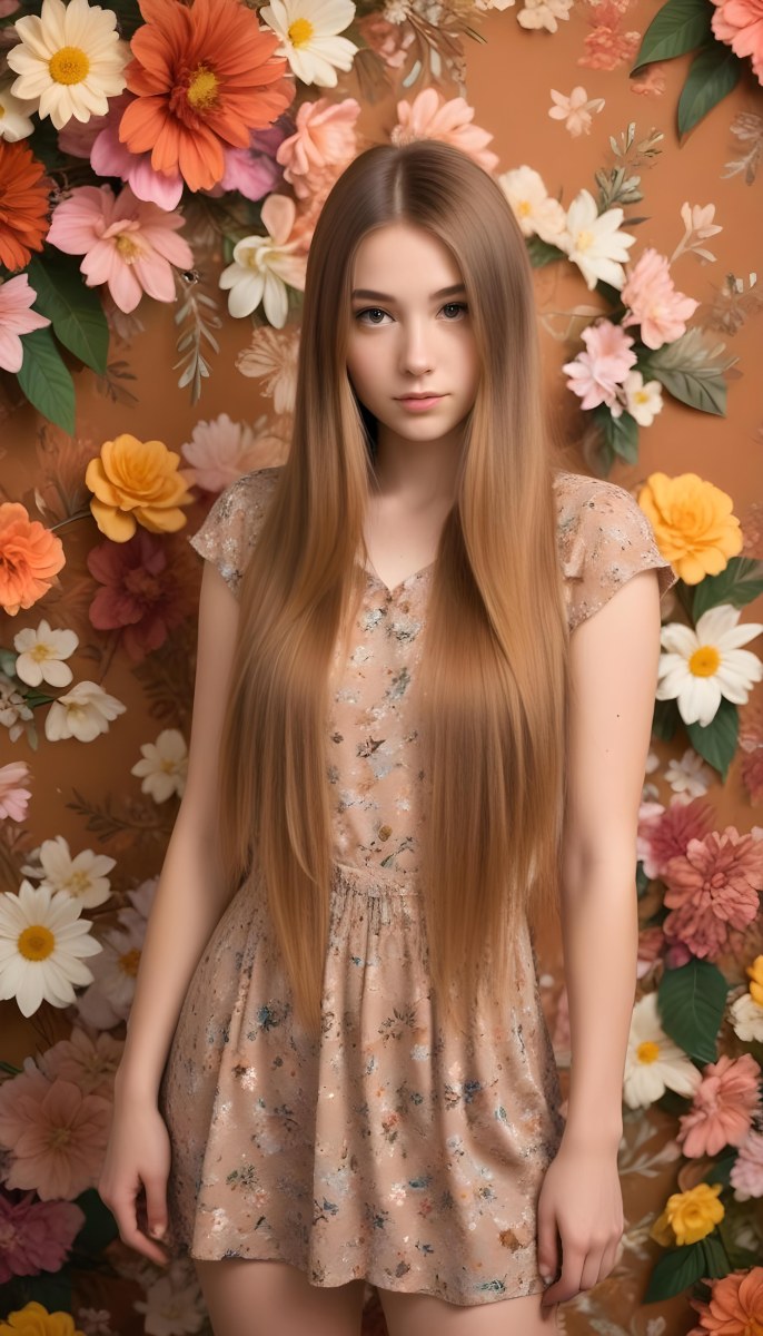 A Young Woman With Long Straight Light Brown Hair Standing In Front Of A Floral Background 8 6073