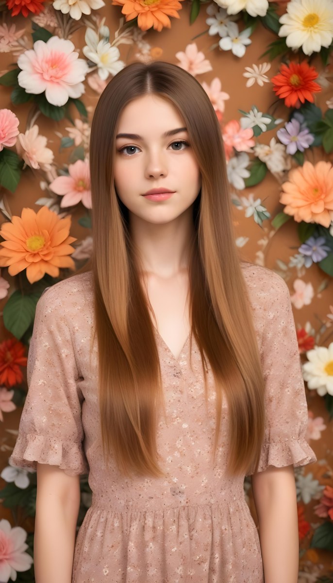 A Young Woman With Long Straight Light Brown Hair Standing In Front Of A Floral Background 9 2285
