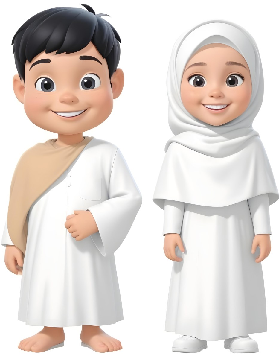 Adorable Cartoon Style A Young Boy With Black Hair And Light Skin Wearing A White Garment Smiling And Standing On The Left Beside Him Is A Young Girl With Light Skin Wearing A Black Hijab And A Matching Garment Also 11 F4a3