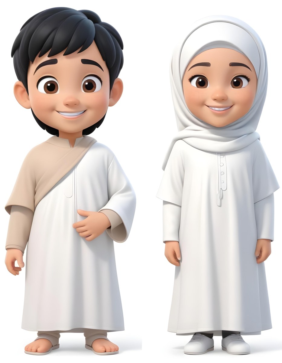 Adorable Cartoon Style A Young Boy With Black Hair And Light Skin Wearing A White Garment Smiling And Standing On The Left Beside Him Is A Young Girl With Light Skin Wearing A Black Hijab And A Matching Garment Also 12 55f7