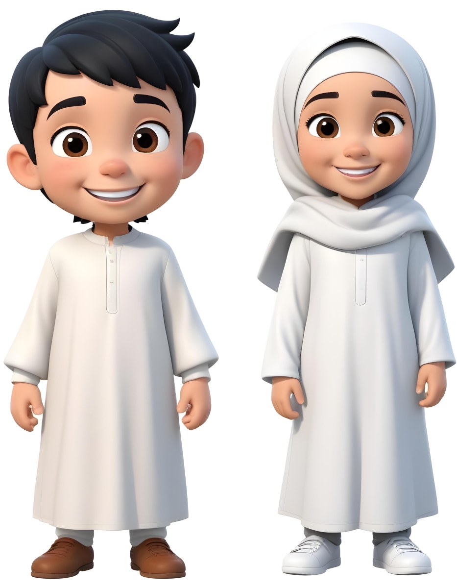 Adorable Cartoon Style A Young Boy With Black Hair And Light Skin Wearing A White Garment Smiling And Standing On The Left Beside Him Is A Young Girl With Light Skin Wearing A Black Hijab And A Matching Garment Also 14 E09b
