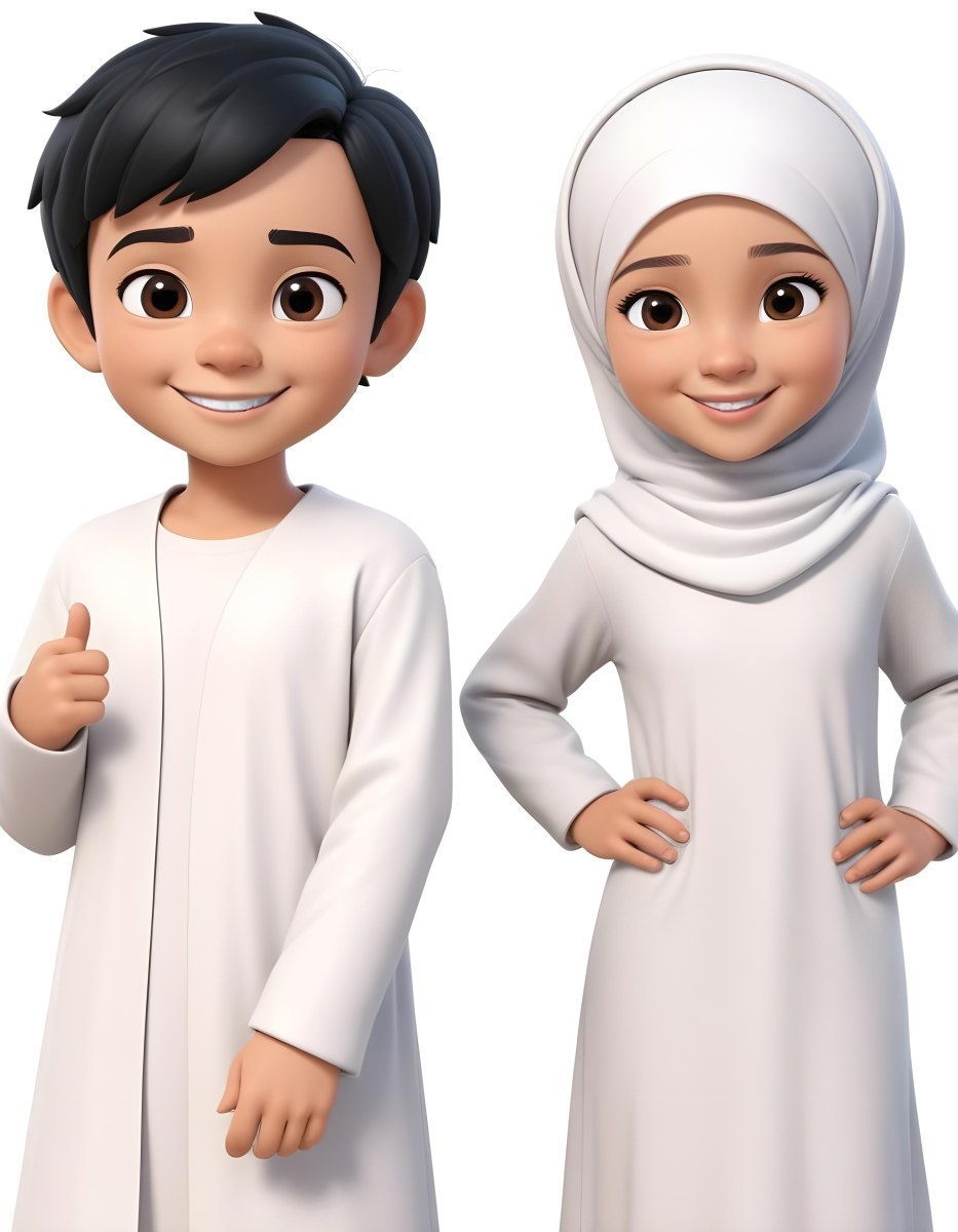 Adorable Cartoon Style A Young Boy With Black Hair And Light Skin Wearing A White Garment Smiling And Standing On The Left Beside Him Is A Young Girl With Light Skin Wearing A Black Hijab And A Matching Garment Also 16 Bdea