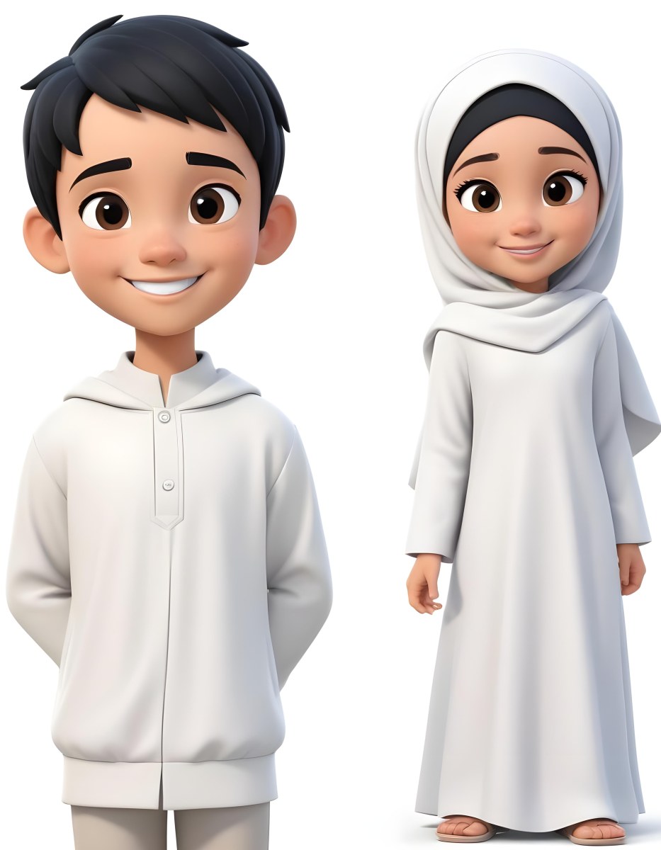 Adorable Cartoon Style A Young Boy With Black Hair And Light Skin Wearing A White Garment Smiling And Standing On The Left Beside Him Is A Young Girl With Light Skin Wearing A Black Hijab And A Matching Garment Also 19 7fbf