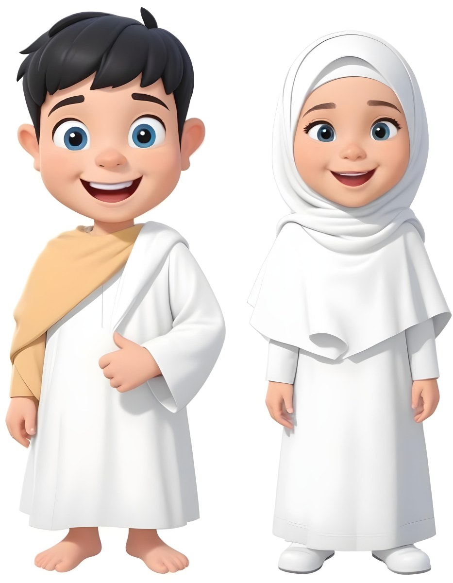 Adorable Cartoon Style A Young Boy With Black Hair And Light Skin Wearing A White Garment Smiling And Standing On The Left Beside Him Is A Young Girl With Light Skin Wearing A Black Hijab And A Matching Garment Also 4 862c