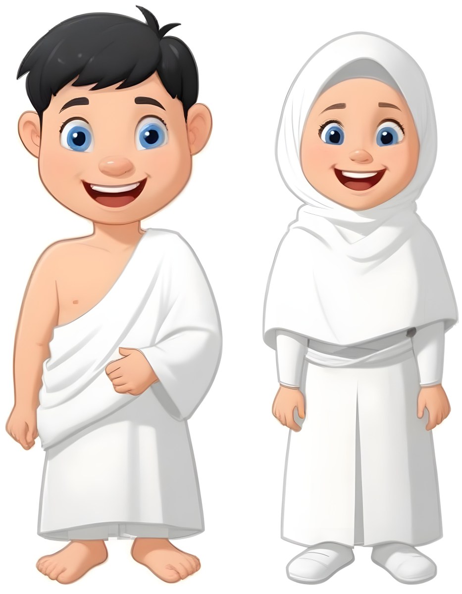 Adorable Cartoon Style A Young Boy With Black Hair And Light Skin Wearing A White Garment Smiling And Standing On The Left Beside Him Is A Young Girl With Light Skin Wearing A Black Hijab And A Matching Garment Also 5 E4ed