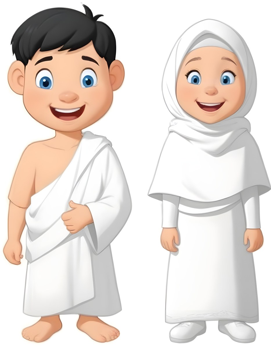 Adorable Cartoon Style A Young Boy With Black Hair And Light Skin Wearing A White Garment Smiling And Standing On The Left Beside Him Is A Young Girl With Light Skin Wearing A Black Hijab And A Matching Garment Also 6 0d65