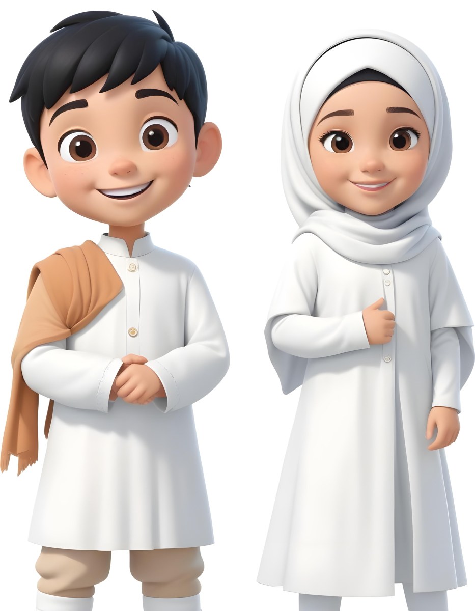 Adorable Cartoon Style A Young Boy With Black Hair And Light Skin Wearing A White Garment Smiling And Standing On The Left Beside Him Is A Young Girl With Light Skin Wearing A Black Hijab And A Matching Garment Also 7 F615