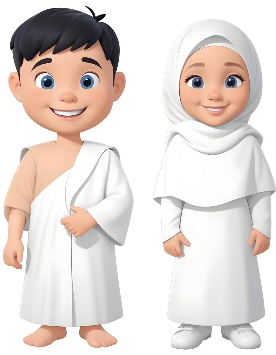 Adorable Cartoon Style A Young Boy With Black Hair And Light Skin Wearing A White Garment Smiling And Standing On The Left Beside Him Is A Young Girl With Light Skin Wearing A Black Hijab And A Matching Garment Also 9 E55e