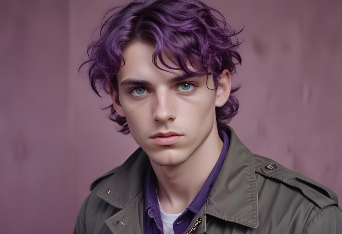 Adorable Cartoon Style A Young Caucasian Man With Wavy Purple Hair Intense Green Eyes And A Serious Expression Wearing A Military Style Jacket 3d Render Cartoon 1 Df53