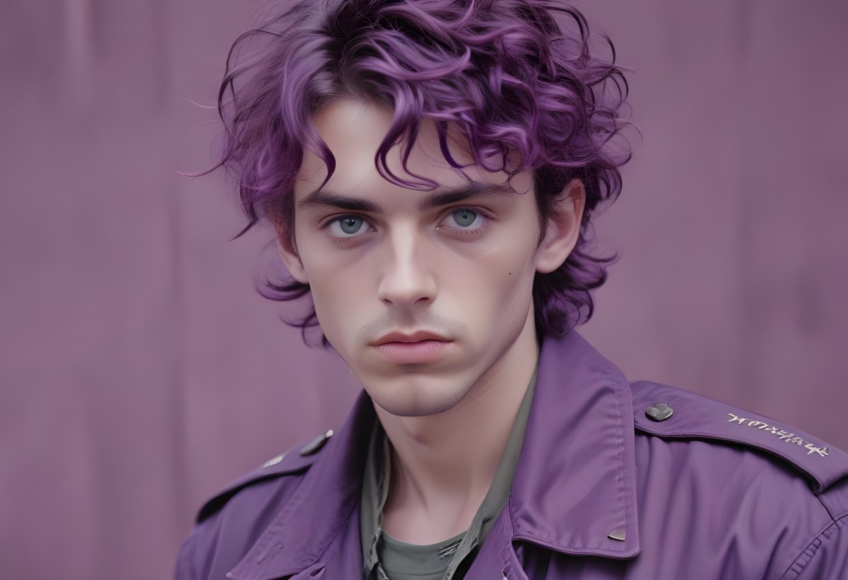 Adorable Cartoon Style A Young Caucasian Man With Wavy Purple Hair Intense Green Eyes And A Serious Expression Wearing A Military Style Jacket 3d Render Cartoon 11 5d8a