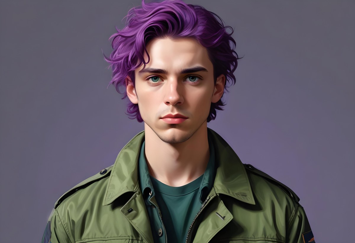 Adorable Cartoon Style A Young Caucasian Man With Wavy Purple Hair Intense Green Eyes And A Serious Expression Wearing A Military Style Jacket 3d Render Cartoon 25 55c3