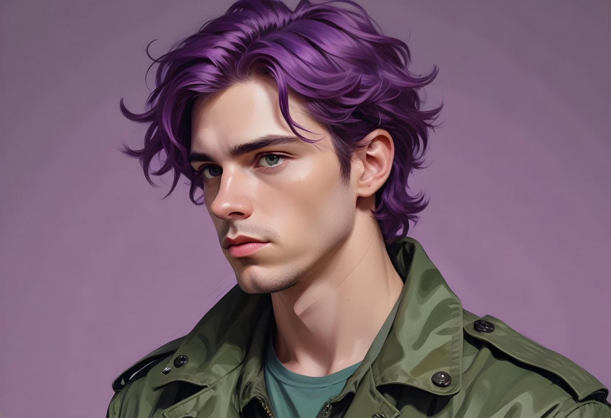 Adorable Cartoon Style A Young Caucasian Man With Wavy Purple Hair Intense Green Eyes And A Serious Expression Wearing A Military Style Jacket 3d Render Cartoon 27 28a5