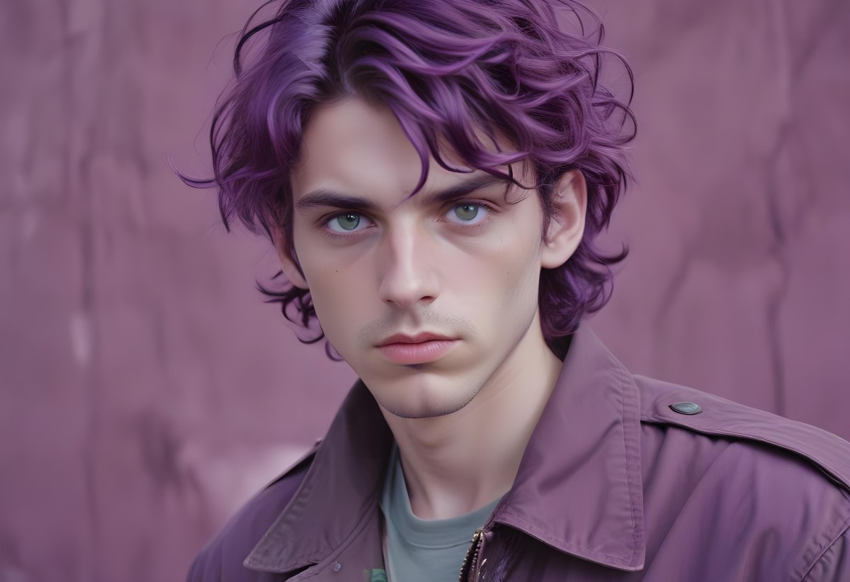 Adorable Cartoon Style A Young Caucasian Man With Wavy Purple Hair Intense Green Eyes And A Serious Expression Wearing A Military Style Jacket 3d Render Cartoon 3 Fc5a