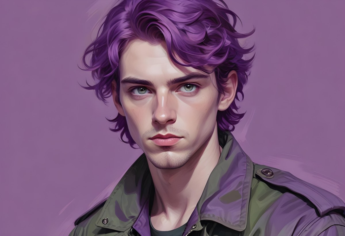 Adorable Cartoon Style A Young Caucasian Man With Wavy Purple Hair Intense Green Eyes And A Serious Expression Wearing A Military Style Jacket 3d Render Cartoon 33 Dc11