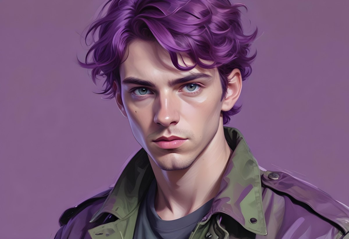 Adorable Cartoon Style A Young Caucasian Man With Wavy Purple Hair Intense Green Eyes And A Serious Expression Wearing A Military Style Jacket 3d Render Cartoon 36 8215