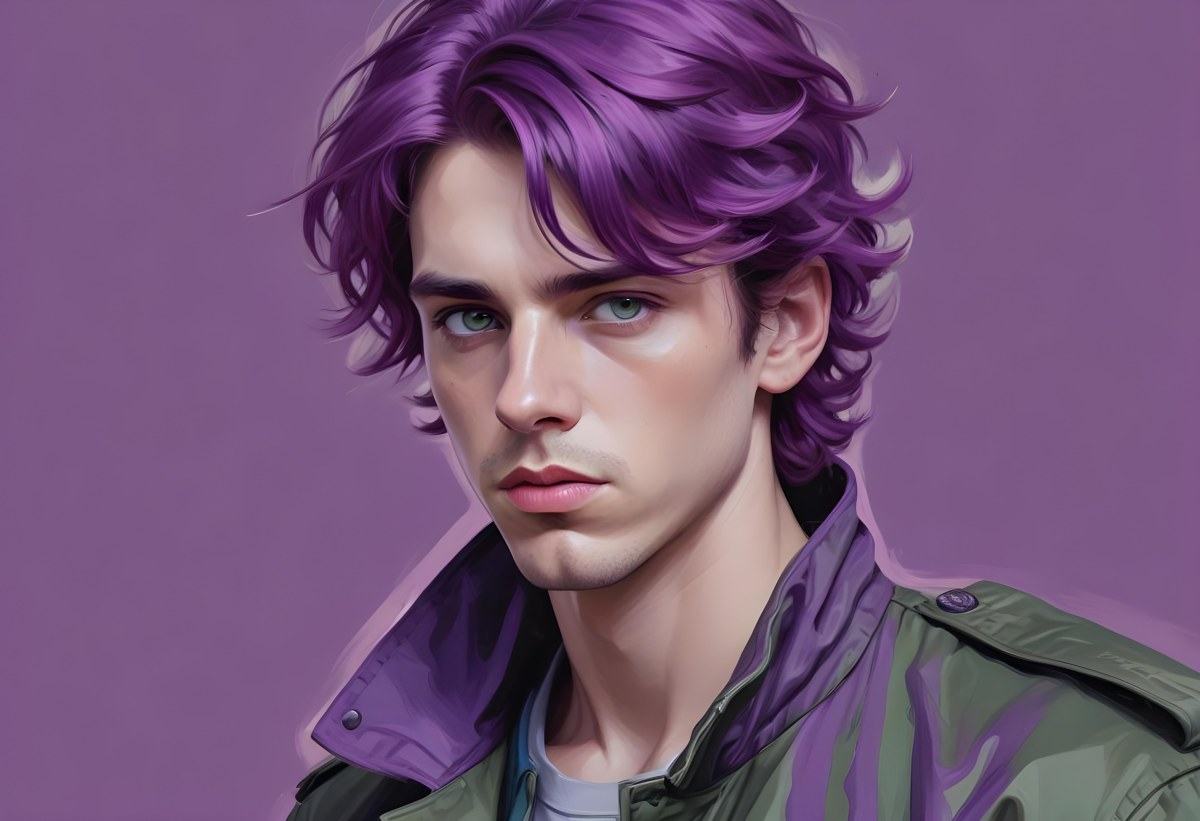 Adorable Cartoon Style A Young Caucasian Man With Wavy Purple Hair Intense Green Eyes And A Serious Expression Wearing A Military Style Jacket 3d Render Cartoon 38 Fd3a