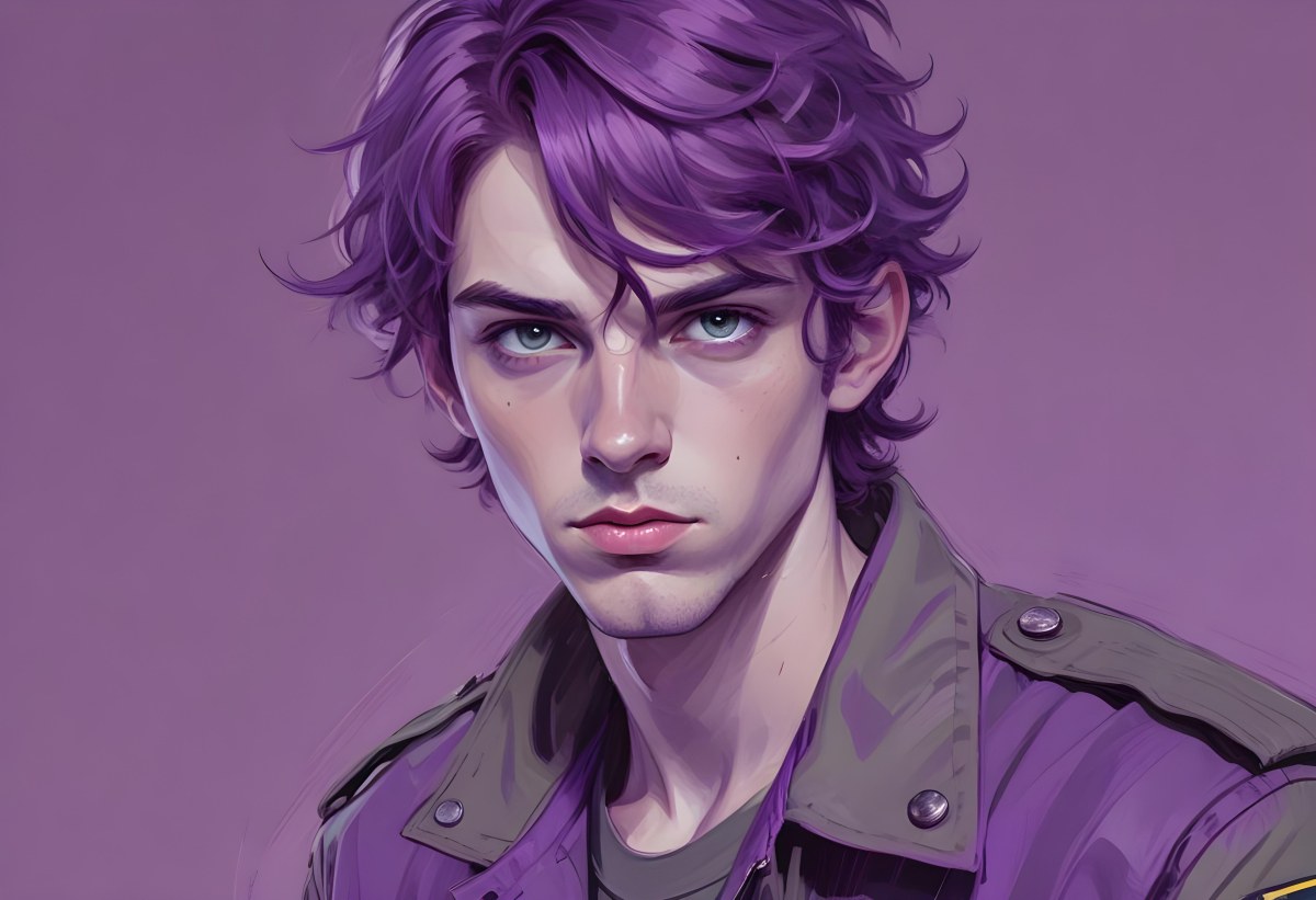 Adorable Cartoon Style A Young Caucasian Man With Wavy Purple Hair Intense Green Eyes And A Serious Expression Wearing A Military Style Jacket 3d Render Cartoon 39 3d87