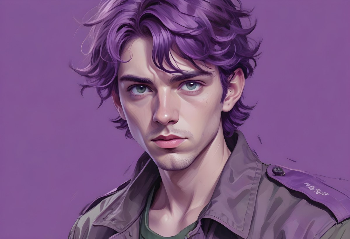 Adorable Cartoon Style A Young Caucasian Man With Wavy Purple Hair Intense Green Eyes And A Serious Expression Wearing A Military Style Jacket 3d Render Cartoon 40 E3ff