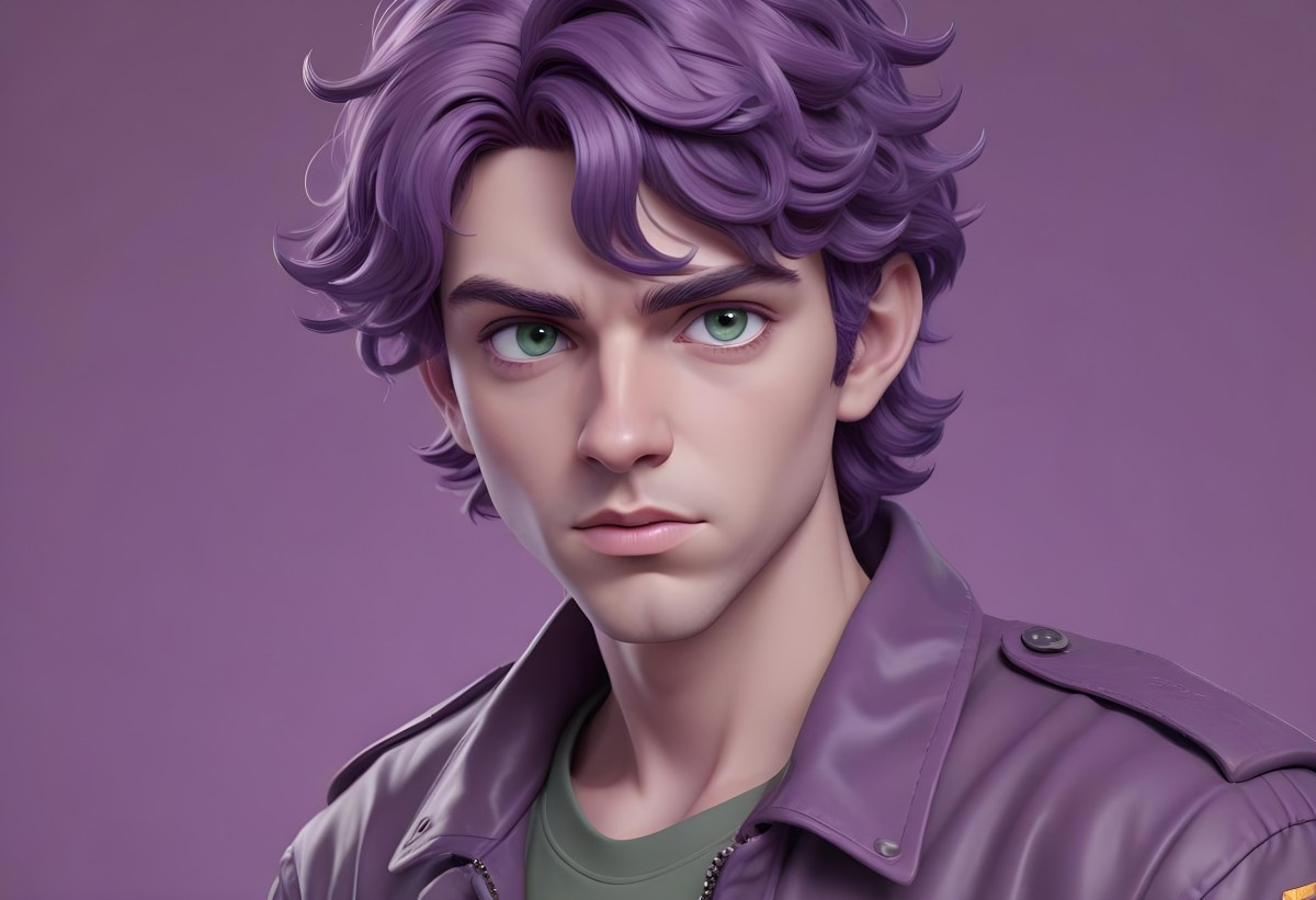 Adorable Cartoon Style A Young Caucasian Man With Wavy Purple Hair Intense Green Eyes And A Serious Expression Wearing A Military Style Jacket 3d Render Cartoon 42 429d