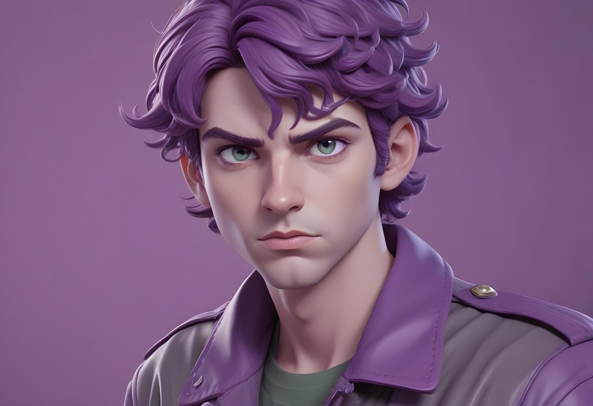 Adorable Cartoon Style A Young Caucasian Man With Wavy Purple Hair Intense Green Eyes And A Serious Expression Wearing A Military Style Jacket 3d Render Cartoon 55 F556