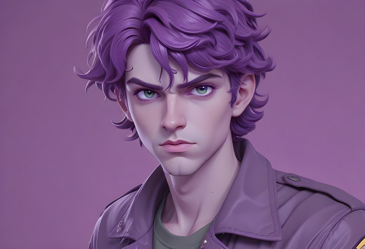 Adorable Cartoon Style A Young Caucasian Man With Wavy Purple Hair Intense Green Eyes And A Serious Expression Wearing A Military Style Jacket 3d Render Cartoon 56 Bd84