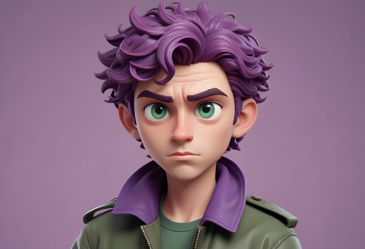 Adorable Cartoon Style A Young Caucasian Man With Wavy Purple Hair Intense Green Eyes And A Serious Expression Wearing A Military Style Jacket 3d Render Cartoon 57 6ca0