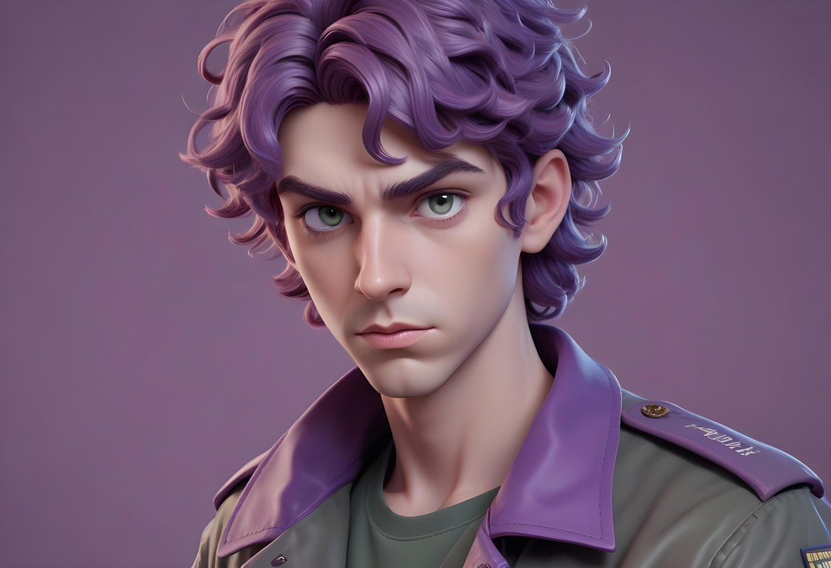 Adorable Cartoon Style A Young Caucasian Man With Wavy Purple Hair Intense Green Eyes And A Serious Expression Wearing A Military Style Jacket 3d Render Cartoon 58 B207