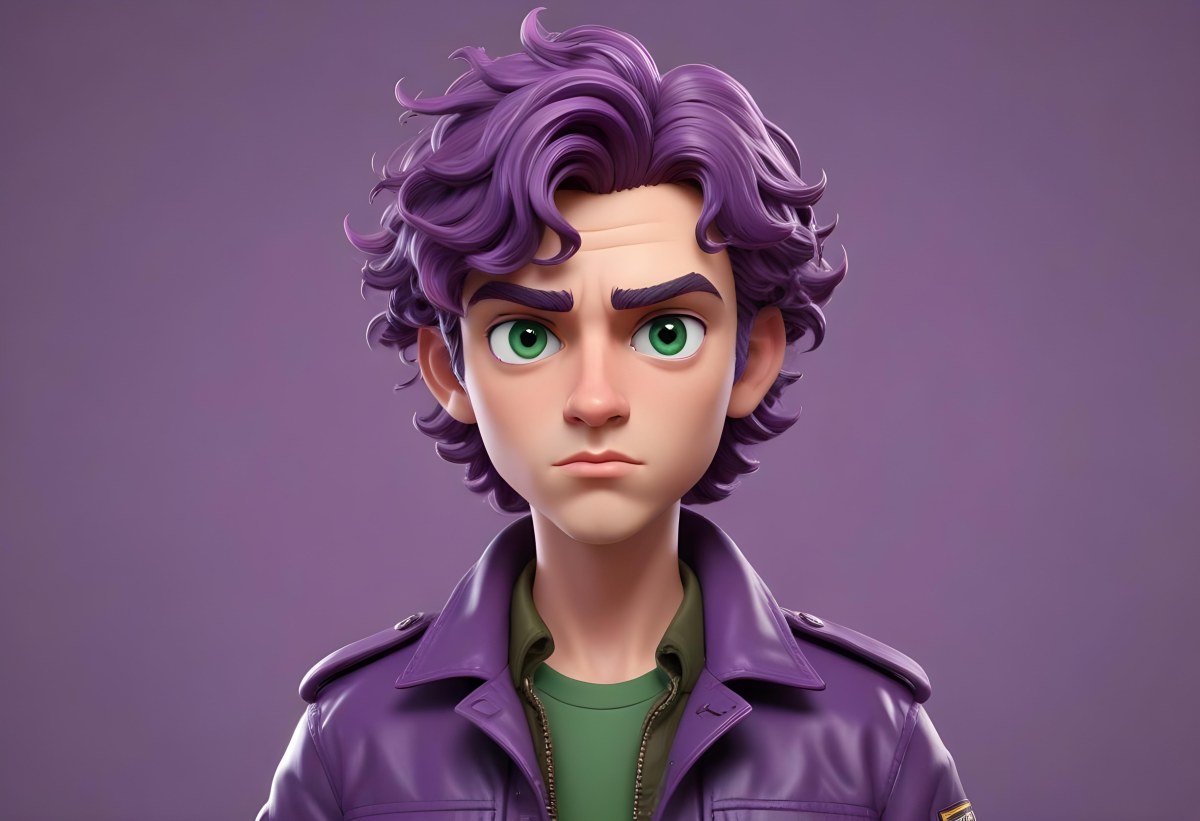 Adorable Cartoon Style A Young Caucasian Man With Wavy Purple Hair Intense Green Eyes And A Serious Expression Wearing A Military Style Jacket 3d Render Cartoon 59 877b